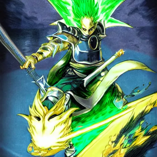 Image similar to fantasy knight behind the wheel of a green hatchback, blue armor, golden sword, dragon attacking with fire, Yusuke Murata