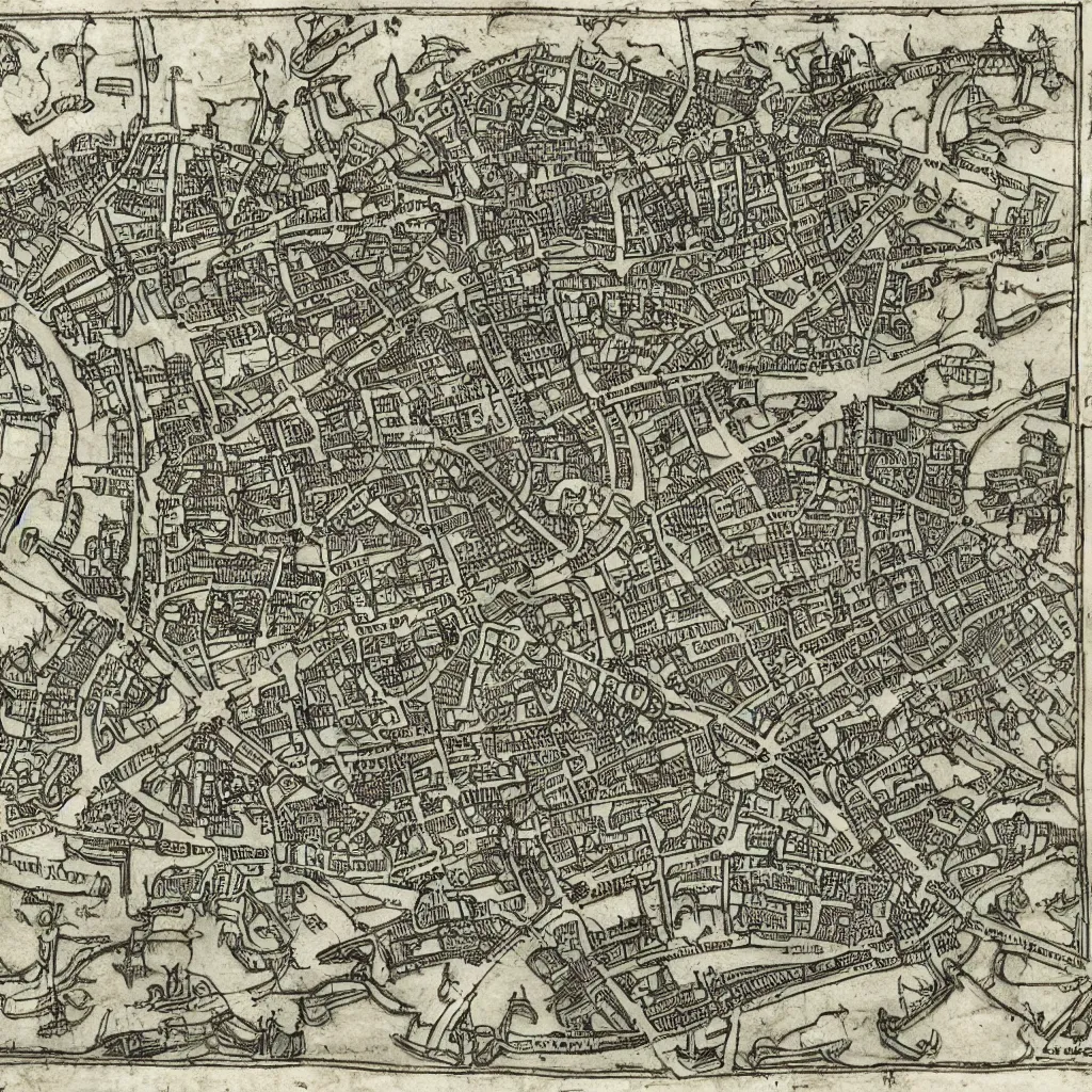 Image similar to medieval london with ports and road, map, technical drawing, schematic, diagram, manuscript