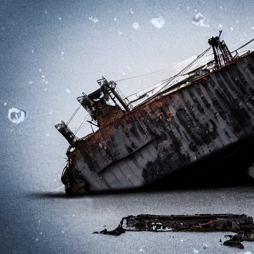 Image similar to crashed cargo ship leaking mysterious black gooey liquid, mysterious black slime, black gooey liquid leaking out of crashed cargo ship, apocalyptic, ruined, container ship, crashed, 8 5 mm f / 1. 4