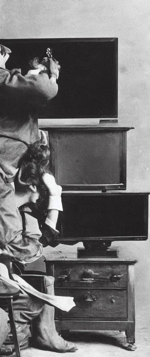 Image similar to 1 9 0 0 s photo of a person watching a flat screen hd tv