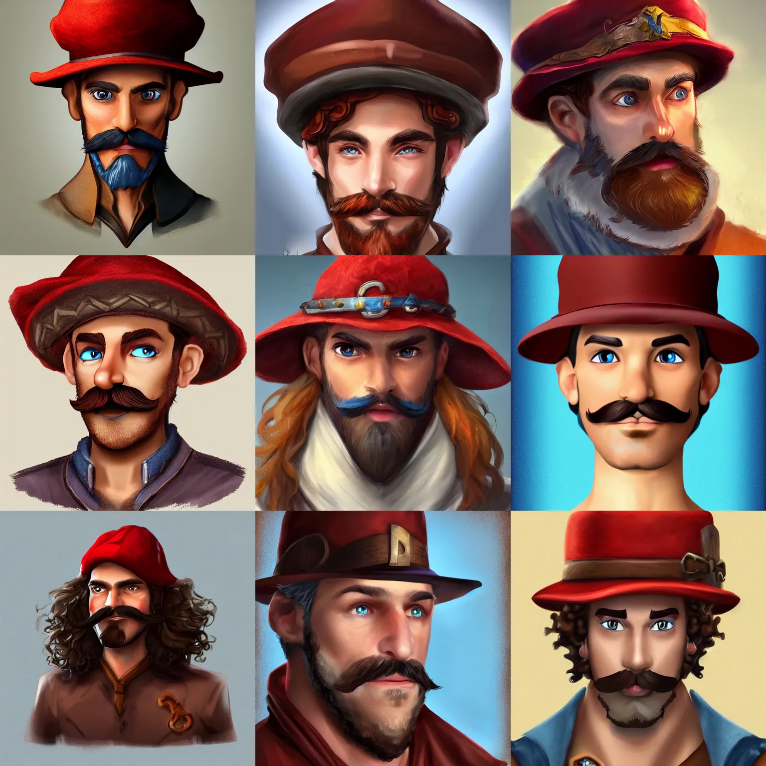 Prompt: Man with blue eyes and brown curly mustache wearing a red Cavalier hat. D&D Character Head and Shoulders Portrait. RPG Digital Artwork. Trending on Artstation.