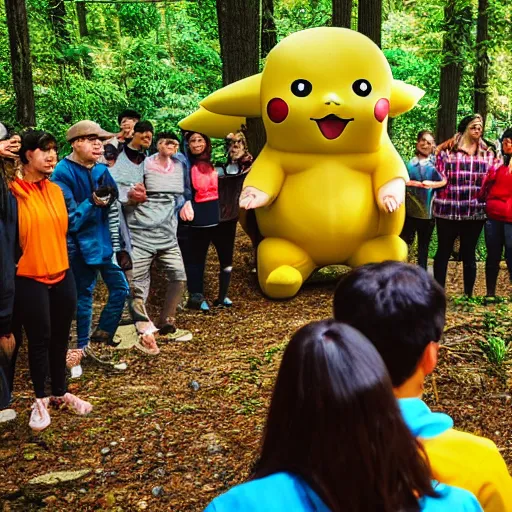 Image similar to photograph of a group of people worshipping a giant pikachu in a forest