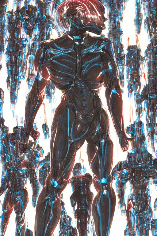 Prompt: god arc soldiers in crynet nanosuit with biological muscle augmentation, at dusk, a color illustration by tsutomu nihei, tetsuo hara and katsuhiro otomo