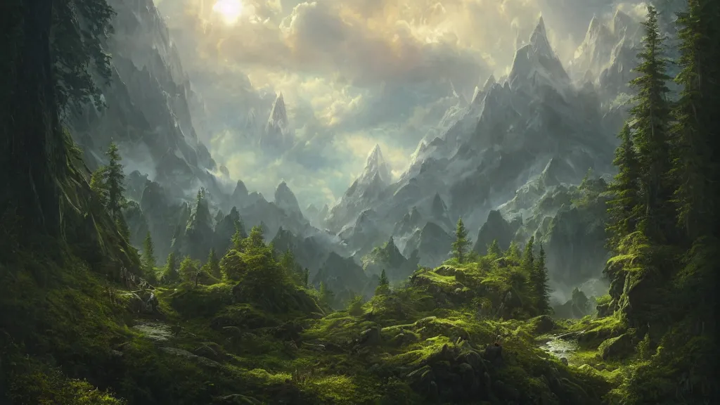 Prompt: a ultradetailed beautiful matte painting showing a vision of an amazingly beautiful chain of mountain covered by a green forest as the light of the sun pierce the cloud, oil painting, high resolution 4 k, by tom bagshaw, greg rutkowski, and artgeem