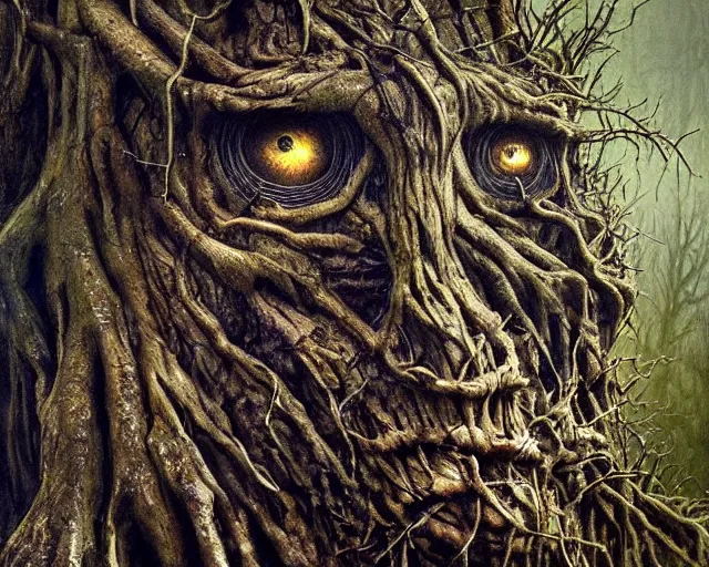 Image similar to a talking oak tree, a face in the bark, eyes in the bark, mouth in the bark, horror concept art, sharp teeth, digital painting, oil painting, hyperrealistic, treebeard, ent, undead, monster, highly detailed, moonlight, very detailed eyes, in the forest, by alan lee, by artgerm