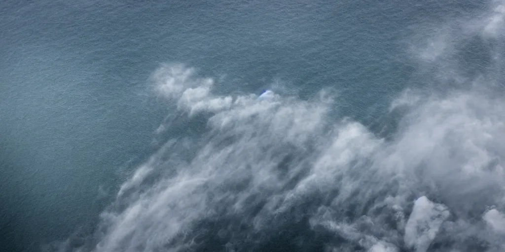 Image similar to ultra wide angle aerial photograph over lake erie, grey clouds, stormy, water spouts, creepy