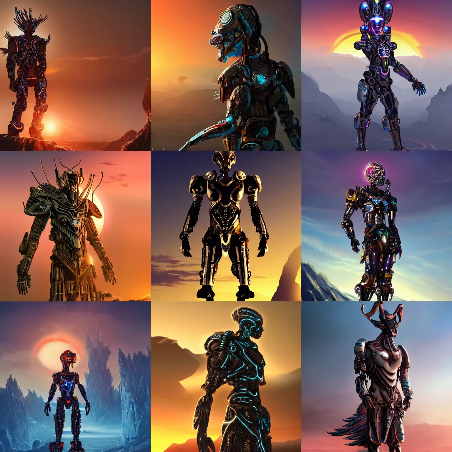 Prompt: a highly evolved cyborg humanoid with armor wearing a futuristic tribal headdress and long flowing robes, standing in an alien landscape with a distant sci-fi city and a beautiful sunset, featured on artstation