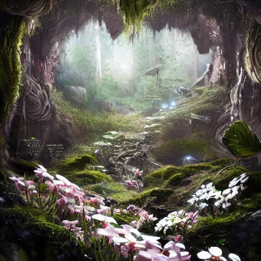 Image similar to biocomputer heart and white biocomputer flowers and biomechanical flowers in a cave forest, intricate environment, matte painting, diffused lighting, highly detailed cinematic, epic composition, highly detailed, atmospheric, wide angle, artstation trending