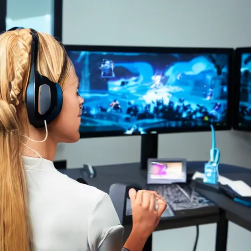 Prompt: view from behind of a female with long blonde hair wearing headset watching monitor displaying fortnite, intricate detail, cinematic composition