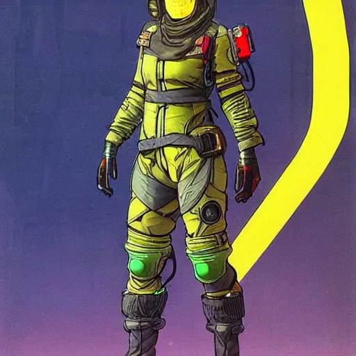 Image similar to Hosea. Apex legends cyberpunk pilot in jumpsuit. Concept art by James Gurney and Mœbius.