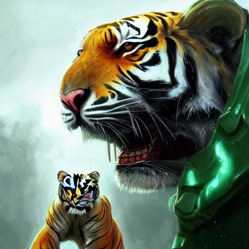 Image similar to a beautfiul award winning commission of a albino tiger wearing emerald armour,digital art,detailed face,art by greg rutkowski,ross tran,artgerm,character deisgn by charles bowater,artstation,deviantart,aesthetic,relaxing atmosphere