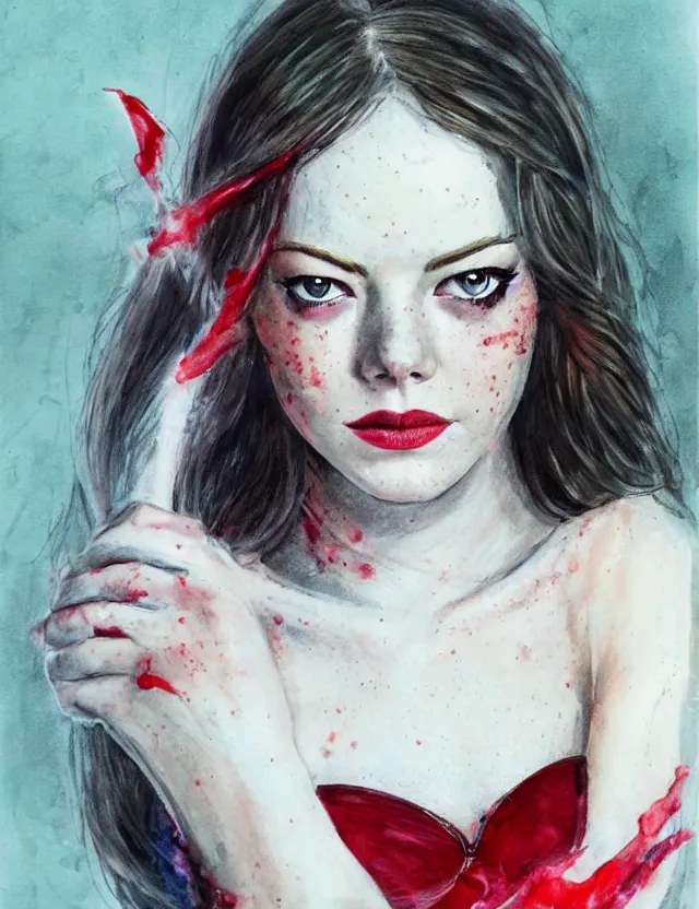 Image similar to portrait of a young emma stone as the scarlet witch, beautiful eyes, long black hair, aquarelle, realistic painting, freckles, 1 / 4 headshot