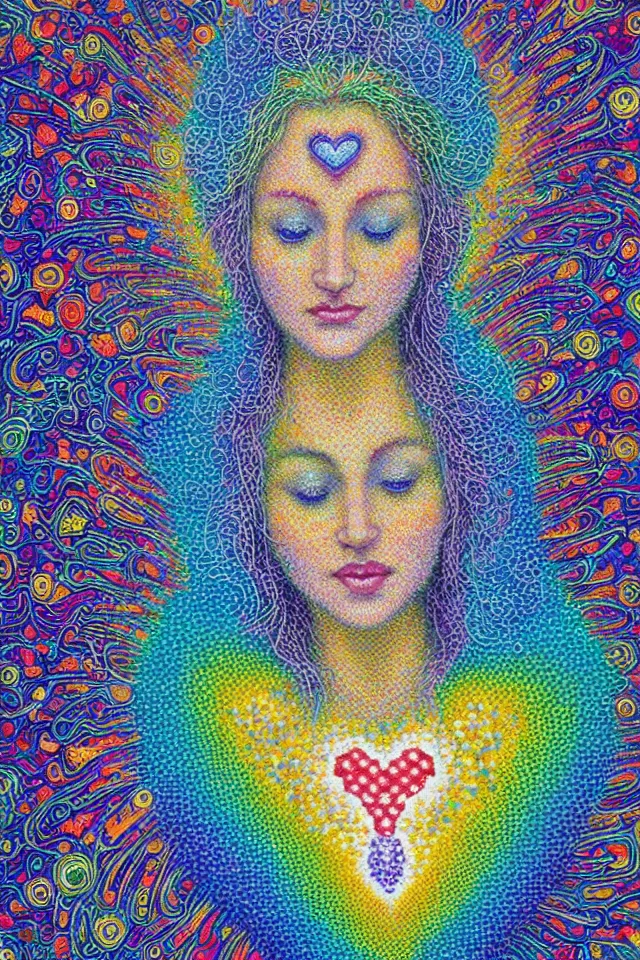 Prompt: a happy beautiful wise spirit goddess in the shape of a heart, meditation, 3 2 k resolution, good vibes, perfect lighting, billions of details, made out of small cubes of love, pointillism, fabric embroidery, stunning artwork, android jones, chris dyer, alex grey, trending on artstation, award winner