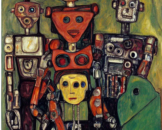 Image similar to a painting of a robot family portrait by graham sutherland, egon schiele, expressionism