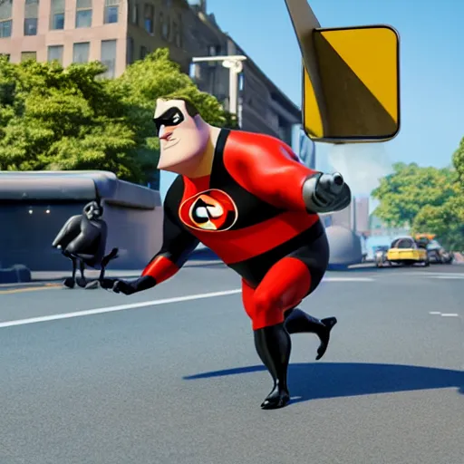 Image similar to film still of mr incredible directing traffic in the the incredibles movie, high detail shot, smoking, render, cgsociety, photorealism