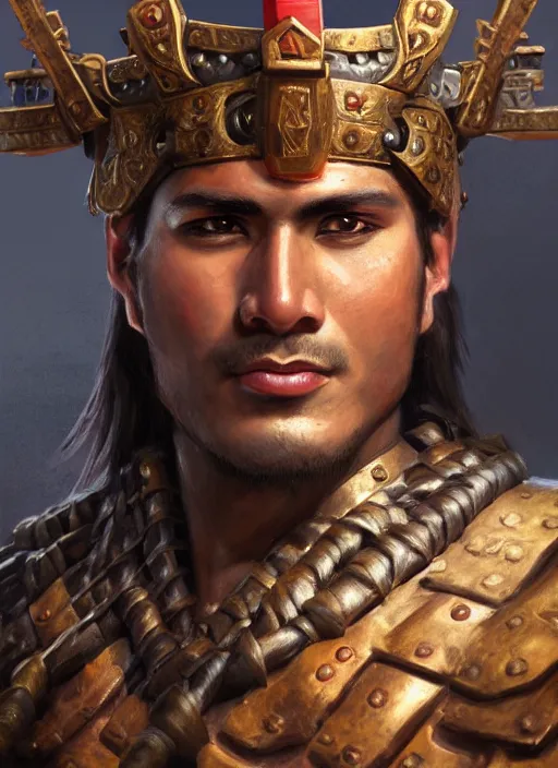 Image similar to smart tai warlord, closeup portrait, beardless, smooth - faced, historical hero, ethnic group, tai costume, bronze headdress, intricate, with leather armor cross on bare chest, elegant, loin cloth, highly detailed, oil painting, artstation, concept art, matte, sharp focus, illustration, hearthstone, art by earl norem