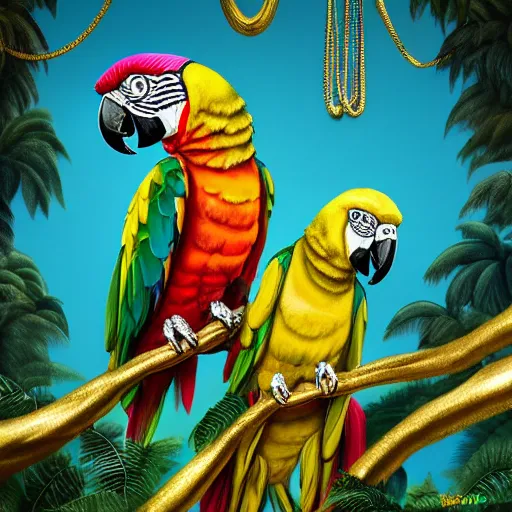 Image similar to parrots dressed in golden rings, necklaces and with caps on head, rapping and sitting on golden trees, rap scene, jungle concept art, trending on artstation, highly detailed, digital art, 8 k