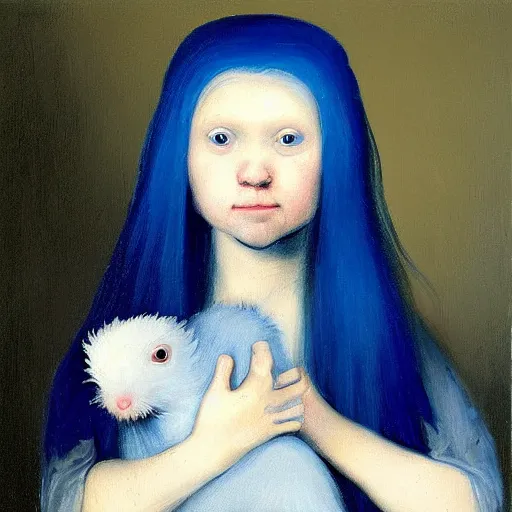 Prompt: “ a portrait of a blue haired girl holding an albino rat, very detailed, oil painting, dark background, style of rembrandt ”