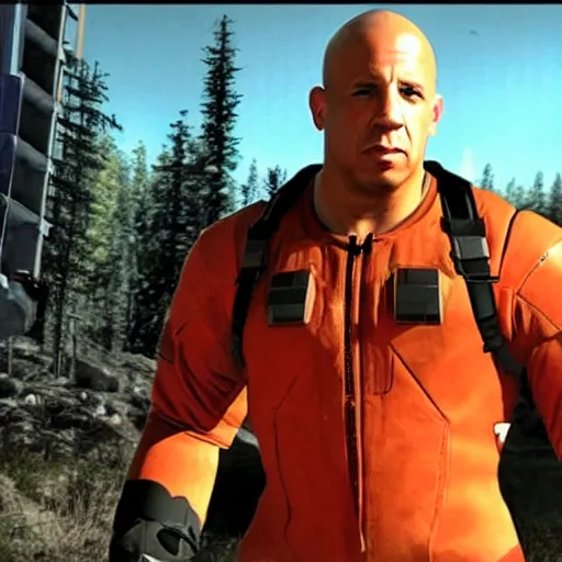 Prompt: Vin Diesel donning an HEV Mk. V suit starring in Half-Life 2 on the Borealis