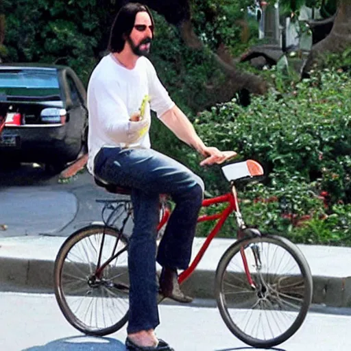 Image similar to Keanu Reeves eating three scoop ice cream cone on a bicycle