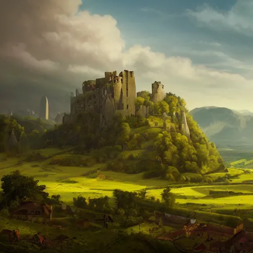 Image similar to Vast verdant empty flat valley surrounded by Transylvanian mountains with a huge zeppelin hovering above it, and a ruined medieval castle on the hillside in the background. No villages. Late evening light in the summer, gloomy weather. Hyperrealistic, high quality, sharp, highly detailed, peter mohrbacher, ansel adams.