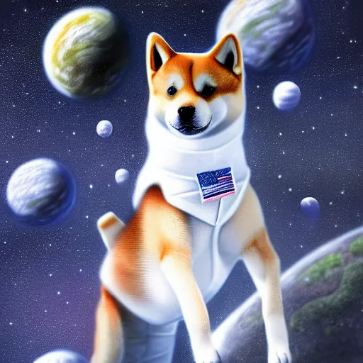 Image similar to a very detailed pencil drawing of a shiba inu in an astronaut suit in space 4 k, high resolution, still, landscape, hd, dslr, hyper realistic, sketch