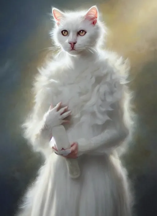 Image similar to a beautiful fluffy white cat with baroque dress, painted by artgerm and tom bagshaw, fantasy art, dramatic lighting, highly detailed oil painting