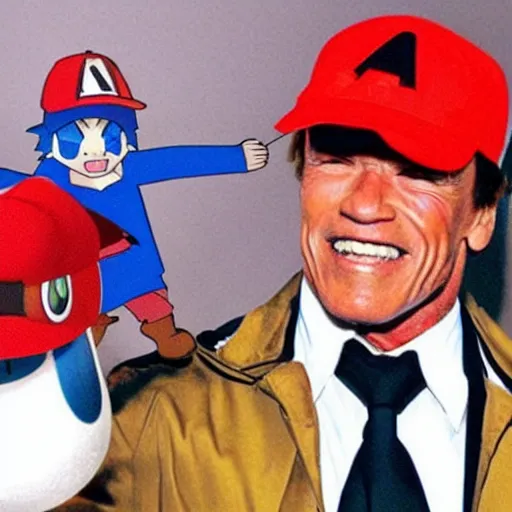 Prompt: Arnold schwarzenegger dressed up as Ash Ketchum, he is a pokemon trainer