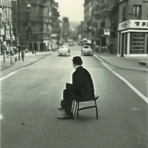 Prompt: a gentlemen sitting in the middle of the street award winning photograph 1950