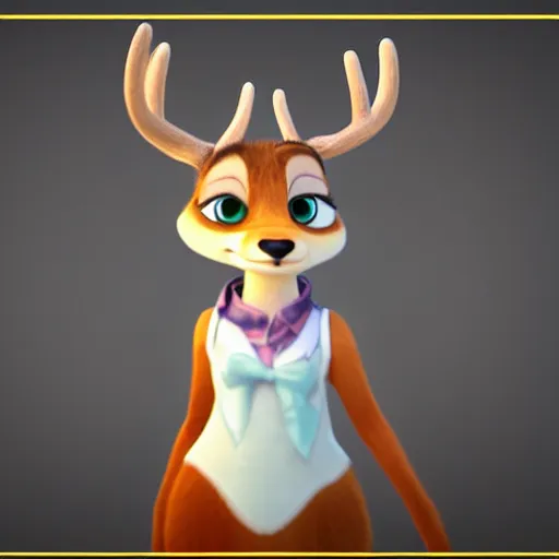 Image similar to portrait, 3 d render, tall little fat, anthropomorphic female deer, wearing along white dress, in the style of zootopia,