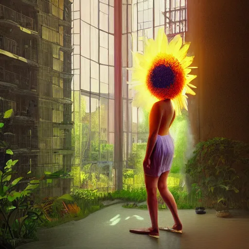 Image similar to giant daisy flower head, woman standing next to modern window in luxury loft, surreal photography, sunlight, impressionist painting, digital painting, artstation, simon stalenhag