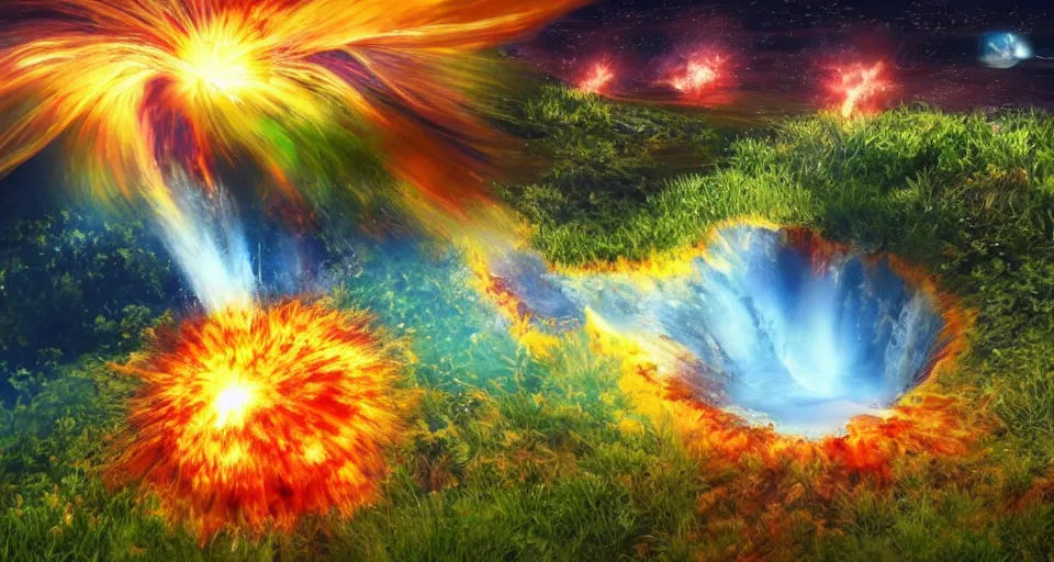 Image similar to plant of water crashing into a planet of fire, bright explosion