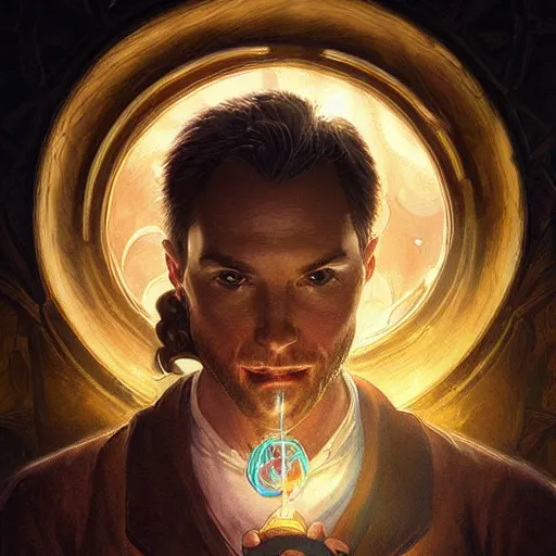 Image similar to man holding he's soul in a jar portrait, backlight, rim lighting, deep focus, d & d, fantasy, intricate, elegant, highly detailed, digital painting, artstation, concept art, matte, centered, sharp focus, illustration, hearthstone, art by artgerm, greg rutkowski and alphonse mucha