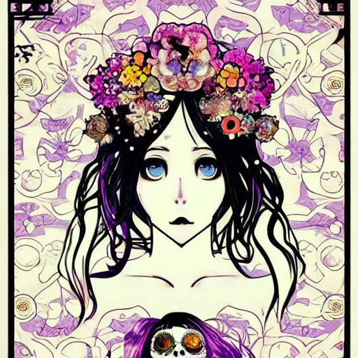 Image similar to anime manga skull portrait young woman hair floral crown balloons clouds fairytale comic skeleton illustration style by Alphonse Mucha warhol pop art nouveau