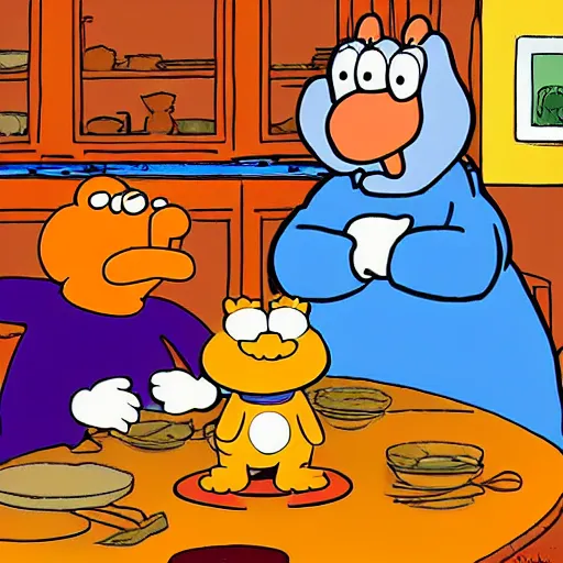 Image similar to jon and garfield at the kitchen table by jim davis