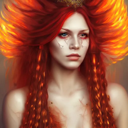Prompt: A portrait of an attractive young female fire angel, beautiful long fire hair, wearing tumultus flames, intricate, highly detailed, elegant, digital painting, trending on artstation – n9