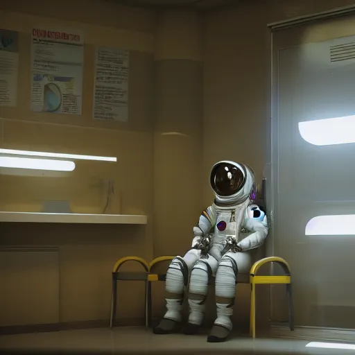 Image similar to a beautiful photo of an astronaut waiting in a laundromat, soft light, morning light, photorealistic, realistic, octane, 8k, cinematic shot