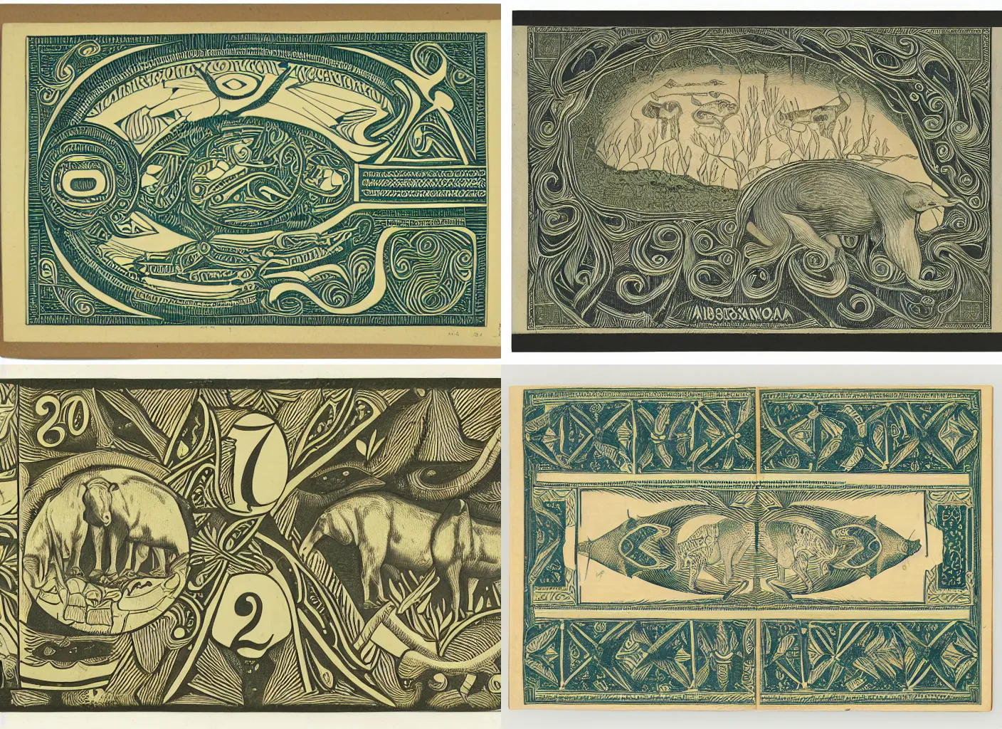 Prompt: a design of a Selknam money bill with the numeral value of 20, engraving and decoration with aboriginal design and illustrations of Patagonian animals and vegetation by gustav dure , clean design, with well-defined edges and lines, clear figures, ink, sharp contrast