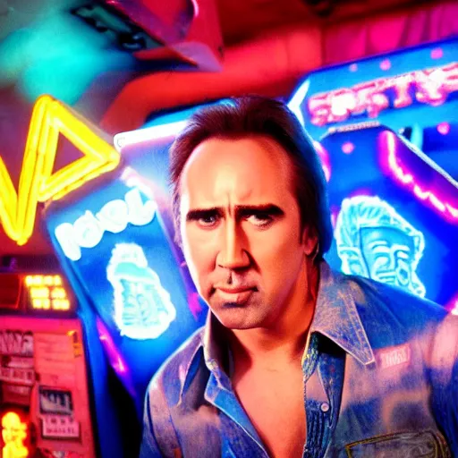 Prompt: Nicholas Cage in a 1980s arcade, colorful, dramatic lighting, intense pose, realistic photo