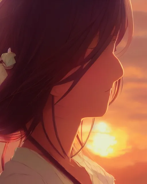 Image similar to kyoto animation, woman looking at sunset, beautiful, detailed portrait, cell shaded, 4 k, concept art, by wlop, ilya kuvshinov, artgerm, krenz cushart, greg rutkowski, pixiv. cinematic dramatic atmosphere, sharp focus, volumetric lighting, cinematic lighting, studio quality