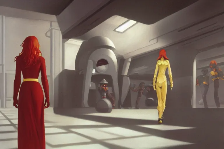 Image similar to mara jade infiltrating a black sun facility on nar shaddaa, painting by ralph mcquarrie