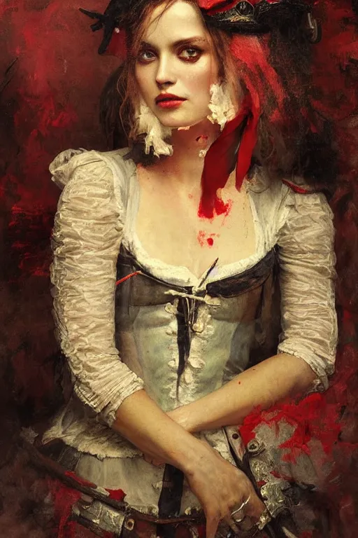 Prompt: Solomon Joseph Solomon and Richard Schmid and Jeremy Lipking victorian genre painting full length portrait painting of a young beautiful woman traditional german french actress model pirate wench in fantasy costume, red background