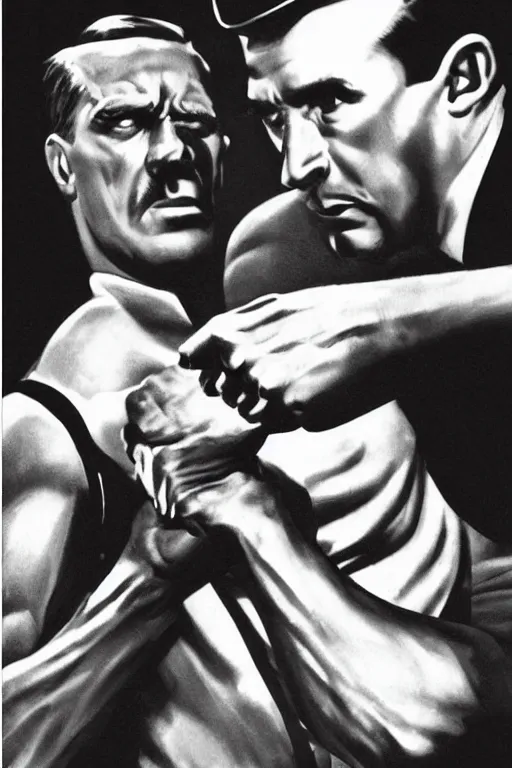 Prompt: vintage photograph of doc savage punching hitler clear detail, photorealistic, hd, 8 k resolution, award winning photo