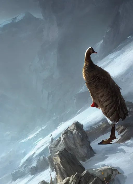 Prompt: giant goose on a mountain, elegant, digital painting, concept art, smooth, sharp focus, illustration, from StarCraft by Ruan Jia and Mandy Jurgens and Artgerm and William-Adolphe Bouguerea