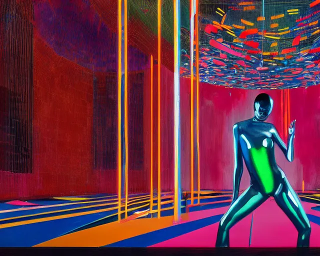 Image similar to a transforming model wearing futuristic bodysuit waving a flag on a rotating platform in a bullring surrounded by lights by james jean and luc tuymans and beeple and hernan bas and pat steir and hilma af klint, psychological, 3 d, dripping paint, high quality render, masterpiece