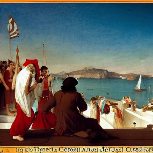 Image similar to A hundred people with jester hat and clothes on a greek circle archi on the front of a Balustrade with a beach and a sail boat on the background, major arcana cards, by paul delaroche and arnold böcklin hyperrealistic 8k, very detailed