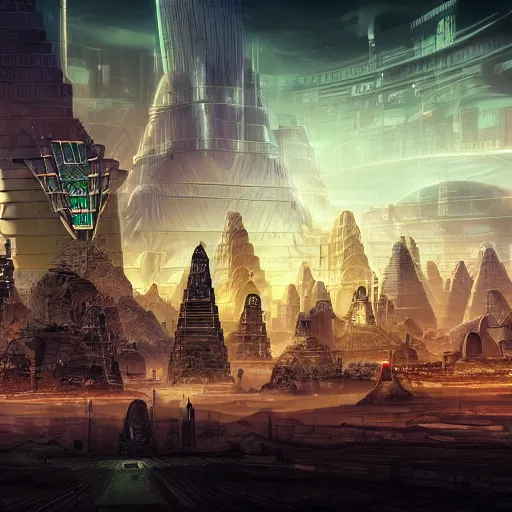 Image similar to a scene of a beautiful intricate epic futuristic pharaoh city with cyber pyramids and neo sphynx with steampunk vehicles taken from a distance, minimalist, cinematic lighting