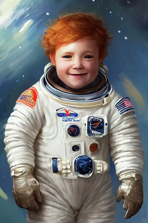 Prompt: a little boy with a cherubic michievous face and ginger hair. he is an astronaut, wearing a space suit. clean elegant painting, beautiful detailed face. by raymond swanland and artgerm and greg rutkowski