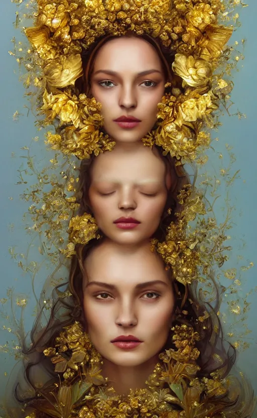 Image similar to a gold mucha oil painting hyperrealism of a beautiful woman on a white background, flowers, in a gold robe, floral headdress, 8 k resolution, octane render, trending on artstation, by gediminas pranckevicius, volumetric light 2 blue fractal thunder glow by dan mumford, anaglyph effect, laurie lipton