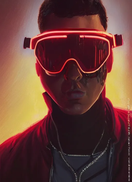 Image similar to ezra. cyberpunk character wearing jumpsuit and red jacket and cyberpunk headset. ( blade runner 2 0 4 9, dystopian, cyberpunk 2 0 7 7 character design ). attractive face. portrait by james gurney and laurie greasley, oil on canvas. cinematic, hyper realism, realistic proportions, full view, dramatic lighting, high detail 4 k